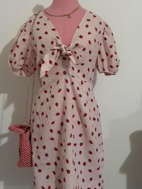 Blue Rain Pink Strawberry Tie-Front Crop Top